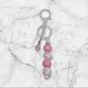 Pink and White Beaded Keychain